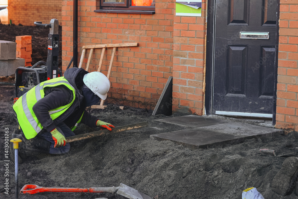 Obraz premium Construction worker lays concrete paving slab for front door access landing area