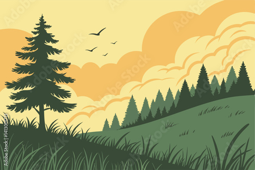 38 Sunset landscape, pine forest silhouette, golden sky, vibrant orange clouds, green meadow, tall grass, flying birds, serene atmosphere, digital art, vector style, flat colors, minimalist design, pe