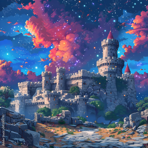 Pixel Art Stone Castle with Multiple Towers Under a Starry Sky and Pink Clouds