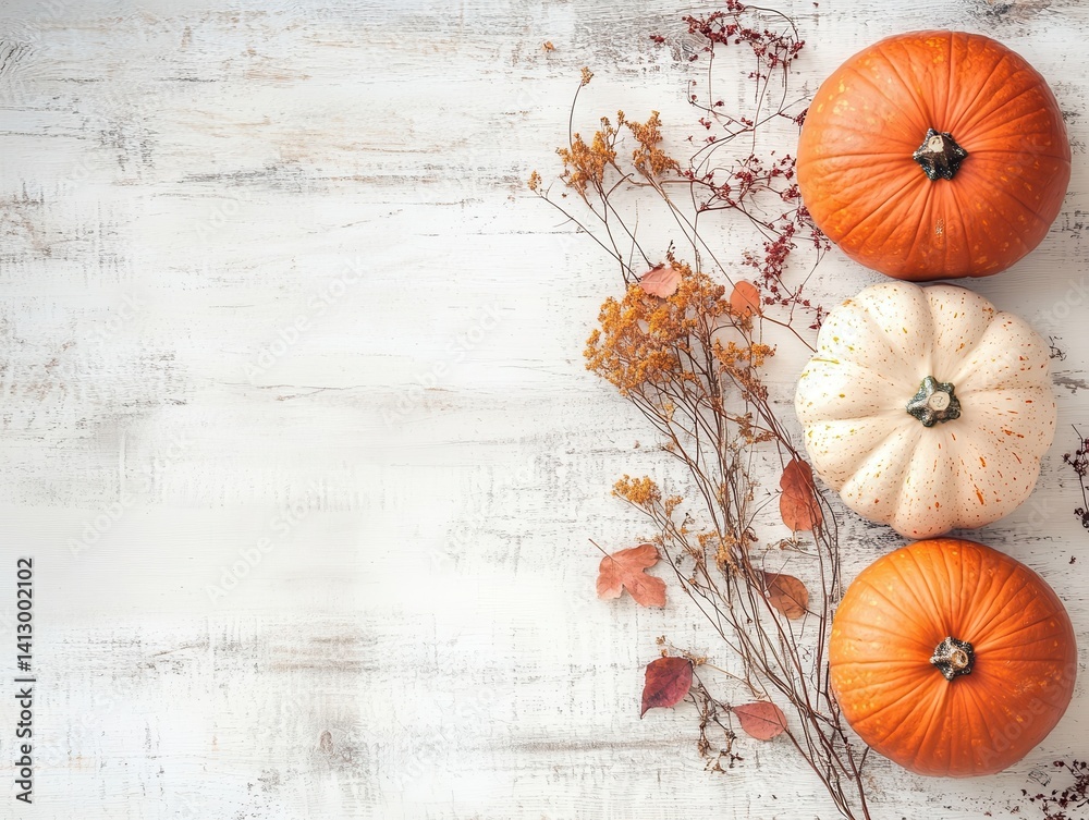 Rustic Autumn Composition with Vintage Pumpkins Dried Flowers and Fall Leaves on Natural White Wood Background for Seasonal Decoration