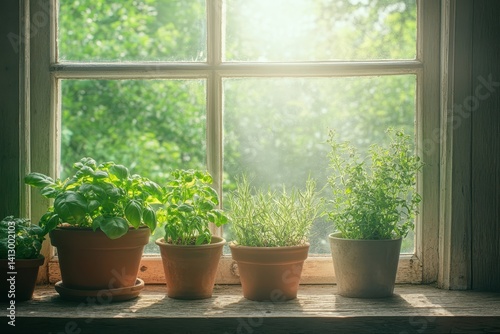 Rustic Farmhouse Kitchen Herb Garden with Terracotta Pots and Morning Light Creating Warm Atmosphere for Home Cooking and Natural Living Aesthetic