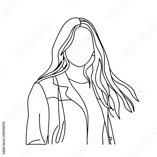 beautiful hair woman linear drawing on transparent background 
