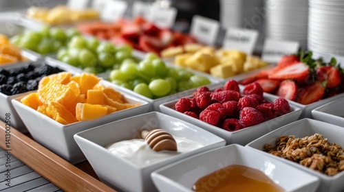DIY fruit bar station with neatly labeled bowls of pre-sliced fruits, toppings like granola, yogurt, and honey, designed for brunch or buffet parties, copyspace for text - event
