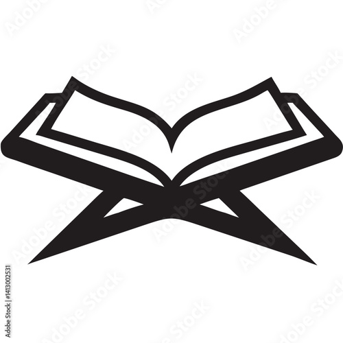 A sacred book rests open on a simple stand, a symbol of faith and knowledge, depicted in bold black lines against a stark white background.