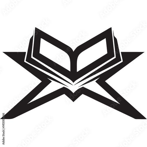 A sacred book rests atop a star, symbolizing faith, guidance, and divine knowledge in bold black and white.
