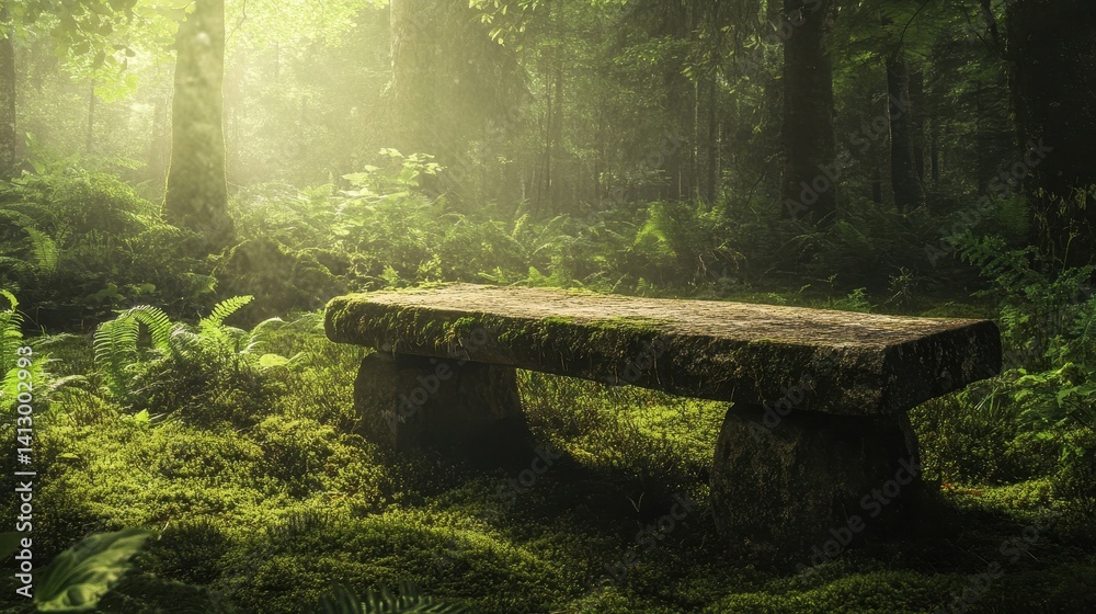 Rustic Weathered Garden Bench in Enchanted Forest Setting with Dappled Sunlight Creating Perfect Platform for Product Photography