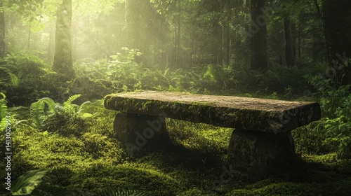 Obraz na płótnie Rustic Weathered Garden Bench in Enchanted Forest Setting with Dappled Sunlight Creating Perfect Platform for Product Photography w salonie