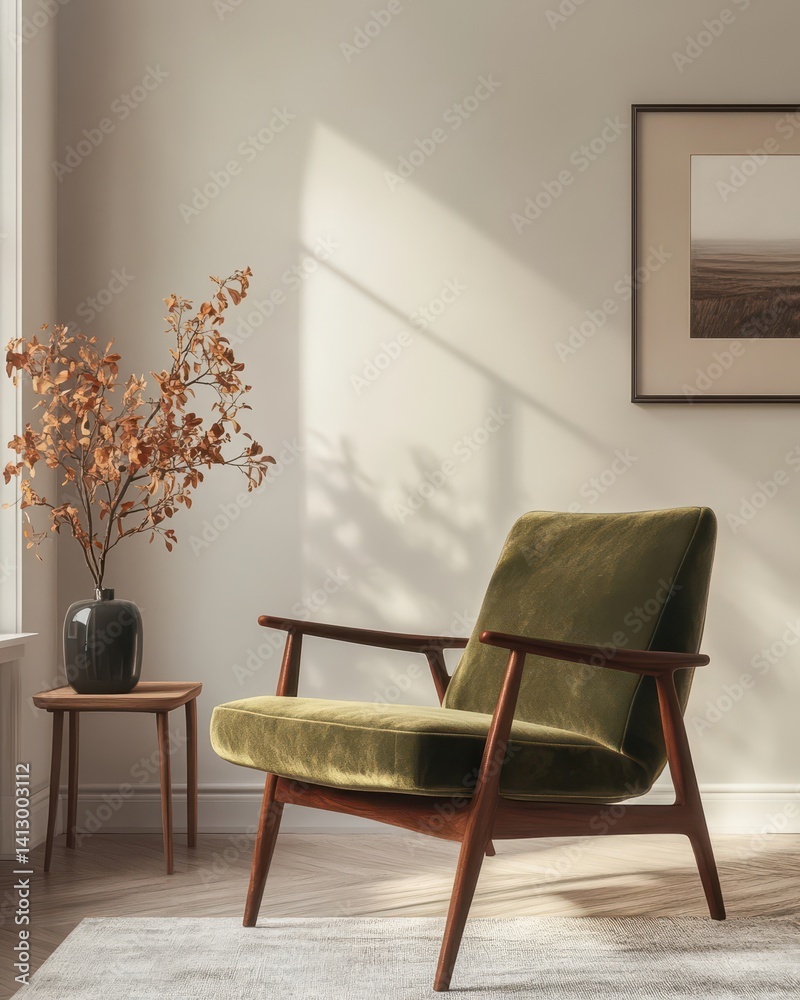 Scandinavian Living Room Interior with Iconic Mid-Century Lounge Chair in Sage Green Velvet Against Minimalist White Wall