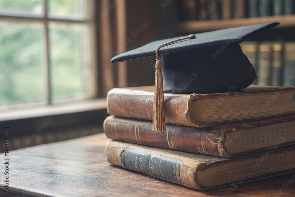 Scholarly Achievement Scene with Vintage Books Stacked Around Graduation Cap on Rustic Wooden Desk with Natural Window Light
