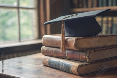Obraz na płótnie Scholarly Achievement Scene with Vintage Books Stacked Around Graduation Cap on Rustic Wooden Desk with Natural Window Light w salonie