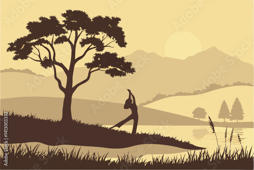 39 Silhouette of person stretching at sunset, lone tree on hill, golden sky, misty lake reflection, peaceful landscape, warm tones, ethereal atmosphere, digital painting style, dreamy scenery, yoga po