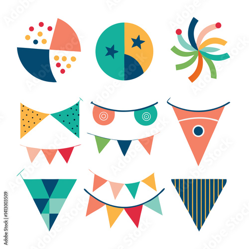 A vibrant collection of playful party bunting and festive geometric shapes celebrating joy and fun with bold colors and simple lines.