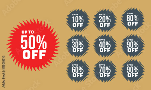 Collection of Discount Offer Symbols with Various Percentage Labels on Colored Background
