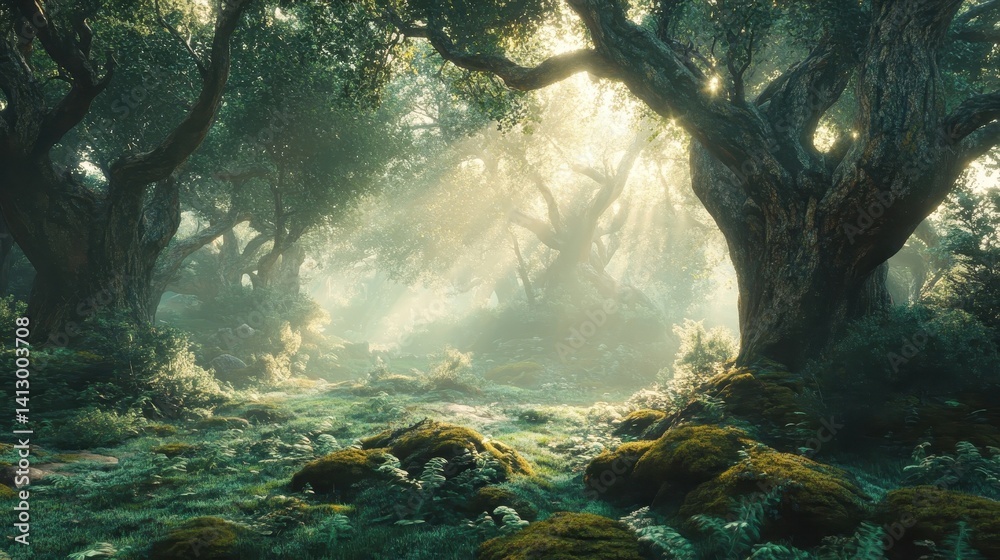 Serene Forest Sanctuary - Sunlight Filtering Through Ancient Trees Creating Mystical Green Ambiance with Morning Mist and Tranquil Atmosphere