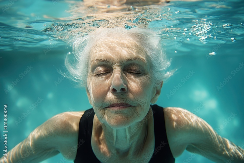 Serene Senior Woman Practicing Aqua Yoga in Crystal Clear Indoor Pool with Natural Light Perfect for Wellness and Active Aging