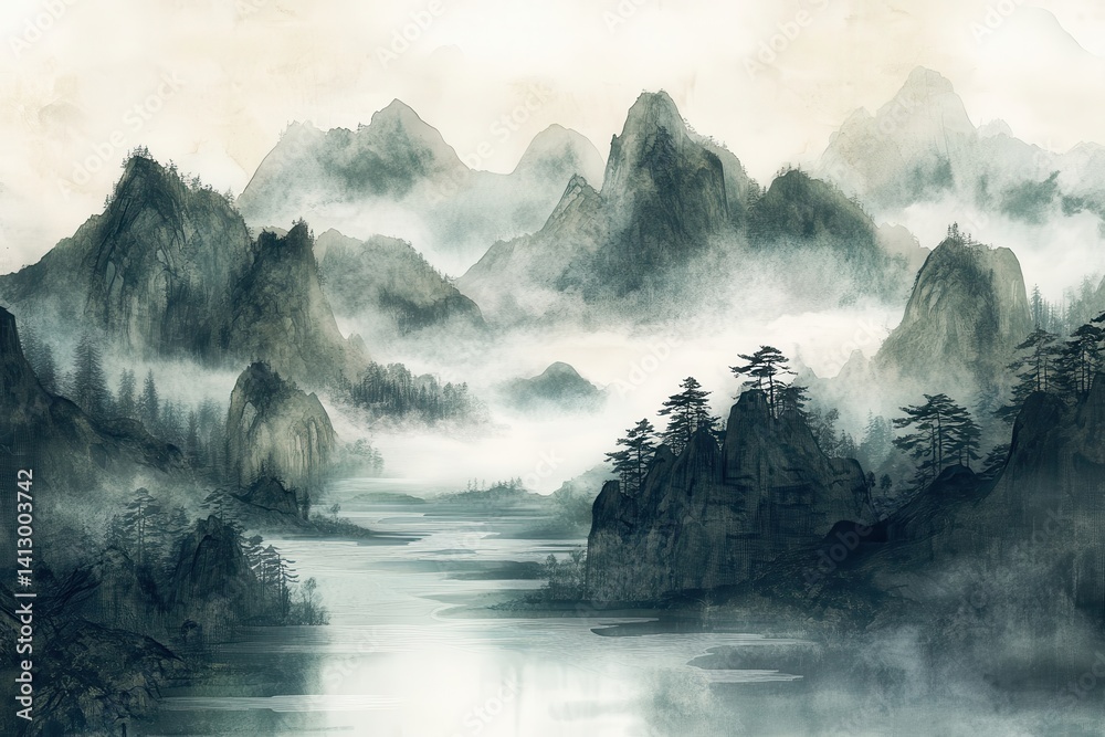 Serene Traditional Chinese Mountains Watercolor Art with Misty Peaks and Flowing Rivers, Fine Art Landscape Painting in Asian Ink Wash Style