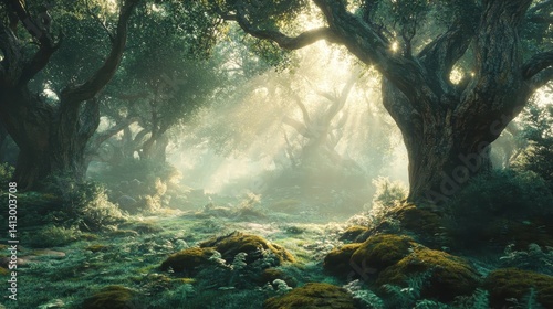 Obraz na płótnie Serene Forest Sanctuary - Sunlight Filtering Through Ancient Trees Creating Mystical Green Ambiance with Morning Mist and Tranquil Atmosphere w salonie