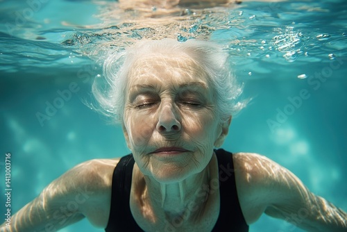 Obraz na płótnie Serene Senior Woman Practicing Aqua Yoga in Crystal Clear Indoor Pool with Natural Light Perfect for Wellness and Active Aging w salonie