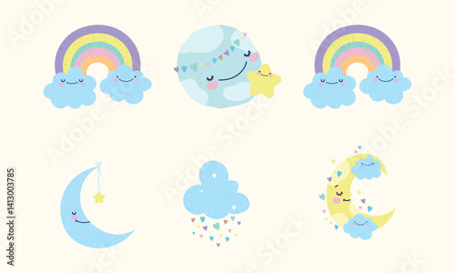 Cute Cartoon Earth, Moons, Rainbows, and Clouds in Whimsical Style