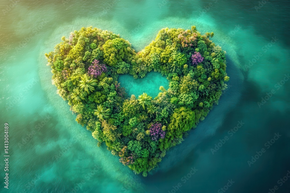 Sustainable Conservation Concept - Heart-Shaped Lush Island with Diverse Ecosystem Rising from Turquoise Ocean Waters