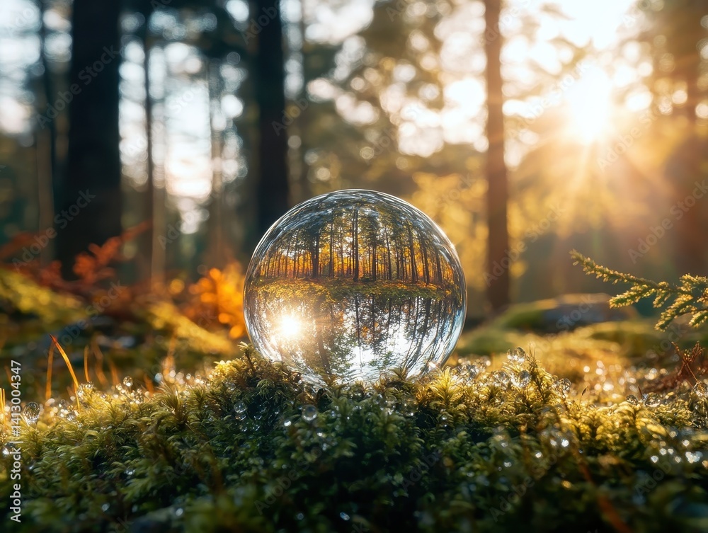 Sustainable Earth Concept with Crystal Globe on Natural Moss, Environmental Conservation Symbol with Sun Rays Through Forest, Climate Action Awareness Photograph