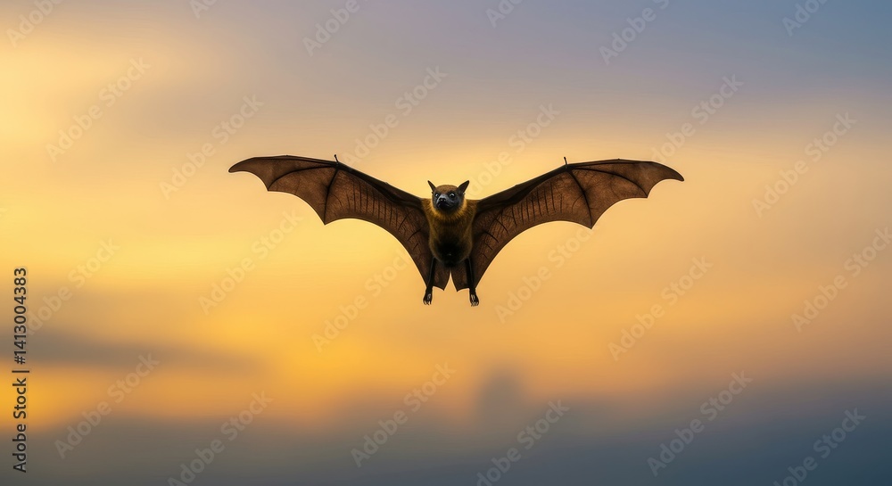 Naklejka premium Golden Hour Bat Flight - A bat in majestic flight at sunset, symbolizing freedom, mystery, darkness, nature, and transformation