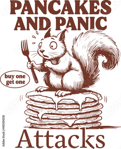 Squirrel in Panic – Brown Comic-Style Squirrel on Pancakes with Fork and Text “Pancakes and Panic Attacks”