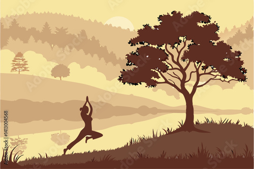 39 Silhouette of person stretching at sunset, lone tree on hill, golden sky, misty lake reflection, peaceful landscape, warm tones, ethereal atmosphere, digital painting style, dreamy scenery, yoga po