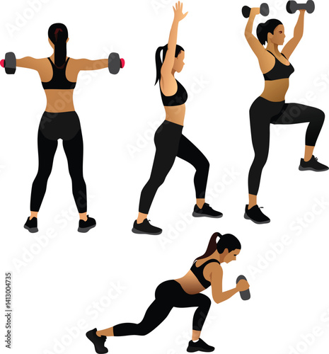 Woman Performing Various Dumbbell Exercises Fitness Workout Guide