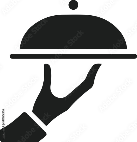 Black icon of a hand holding a serving tray with a cloche, representing food service, catering, restaurant service, and hospitality

