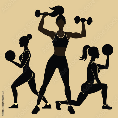 Three Athletic Women Exercising with Weights and Ball