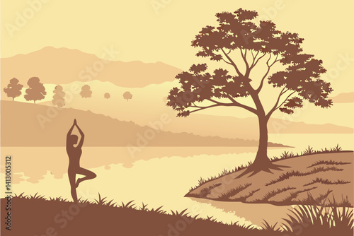 39 Silhouette of person stretching at sunset, lone tree on hill, golden sky, misty lake reflection, peaceful landscape, warm tones, ethereal atmosphere, digital painting style, dreamy scenery, yoga po