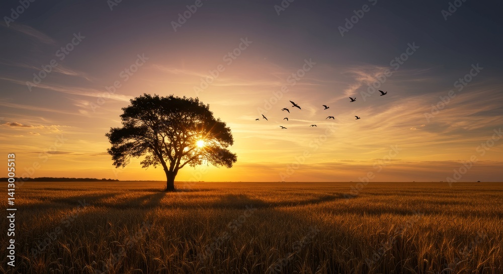 Golden Sunset Wheat Field Tree Birds - Serene sunset landscape; solitary tree symbolizes strength, birds represent freedom, wheat signifies abundance, sunset embodies hope, and the field conveys peace Golden Sunset Wheat Field Tree Birds - Serene sunset landscape; solitary tree symbolizes strength, birds represent freedom, wheat signifies abundance, sunset embodies hope, and the field conveys peace