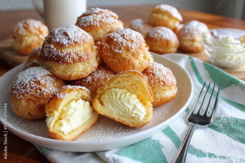 Delicious Cream-Filled Pastries Topped with Powdered Sugar and Cream Delicious Cream-Filled Pastries Topped with Powdered Sugar and Cream