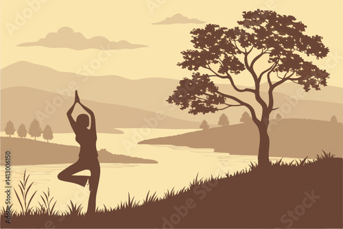 39 Silhouette of person stretching at sunset, lone tree on hill, golden sky, misty lake reflection, peaceful landscape, warm tones, ethereal atmosphere, digital painting style, dreamy scenery, yoga po