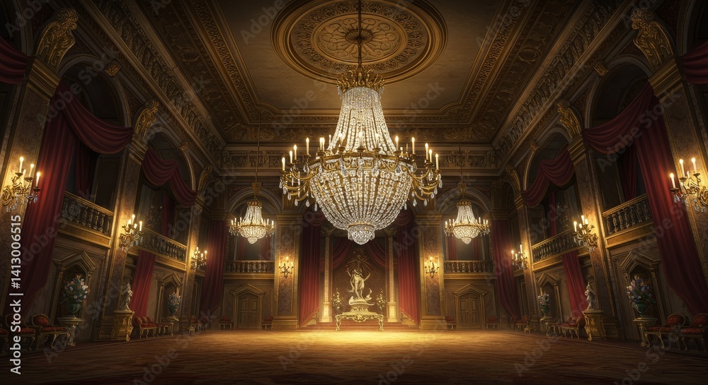 Obraz premium Grand Palace Ballroom Illustration: Luxurious Interior Design - Opulent ballroom, grand chandelier, regal decor, rich textures, sophisticated ambiance. Symbolizing wealth, elegance, power