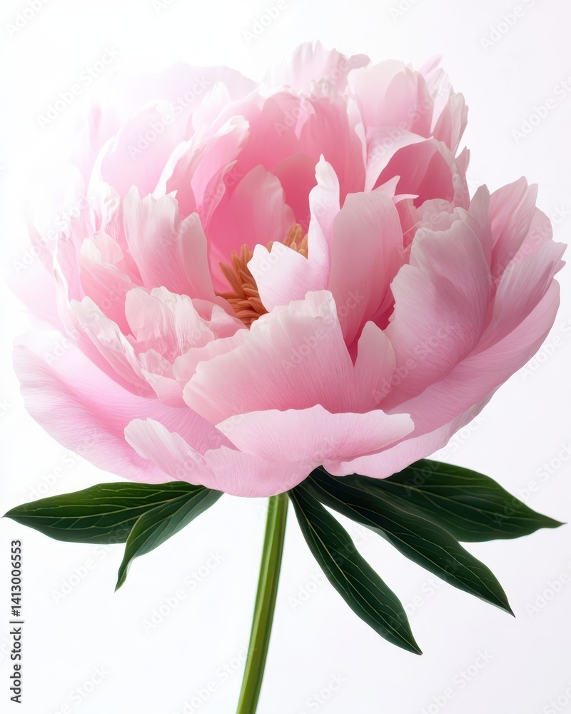 Vibrant Pink Peony Bloom with Delicate Petals in Full Flower Against Pure White Background for Botanical Design