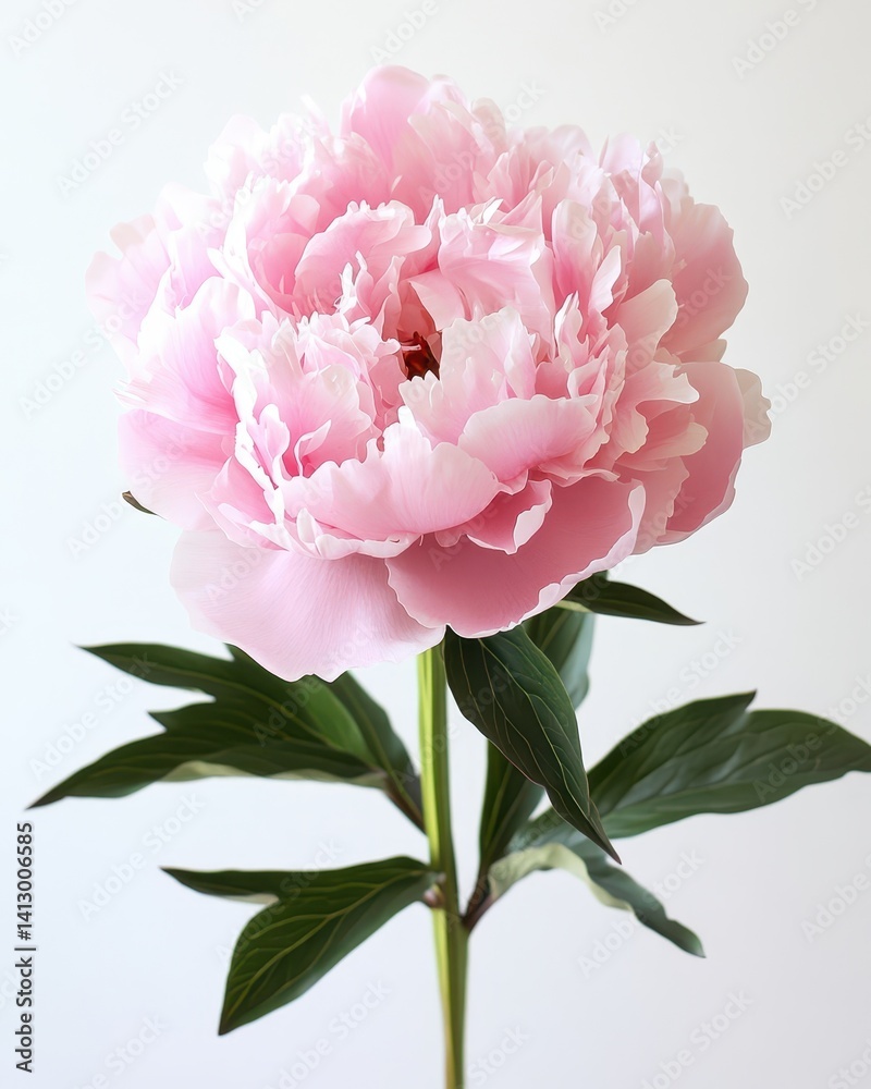 Vibrant Pink Peony Bloom with Delicate Petals in Full Flower Against Pure White Background for Botanical Design