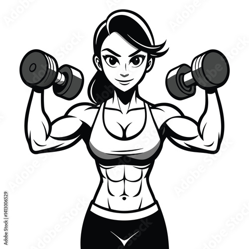 Muscular Woman Lifting Dumbbells Fitness Illustration