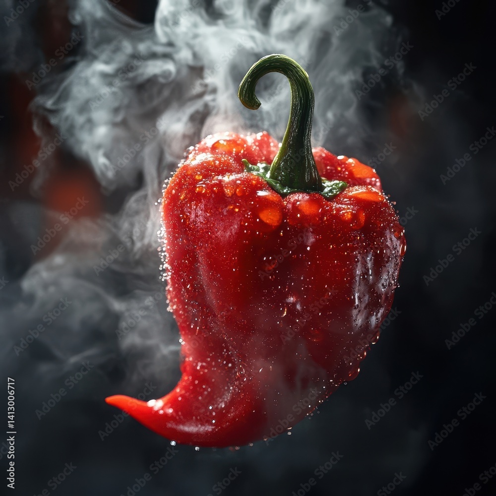 Vibrant Red Ghost Pepper with Dramatic Water Droplets and Steam Rising in Modern Food Photography Style