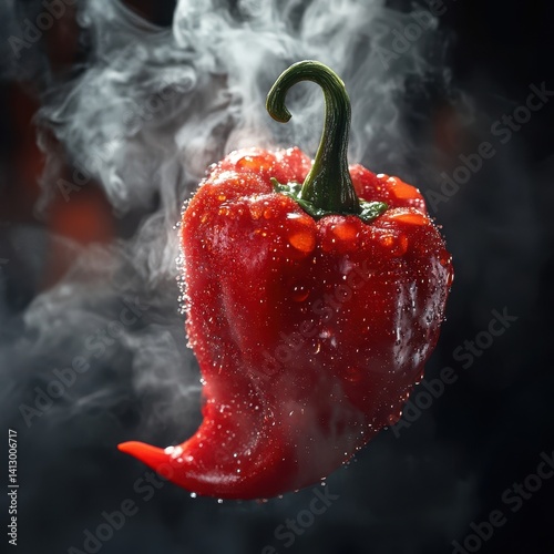 Obraz na płótnie Vibrant Red Ghost Pepper with Dramatic Water Droplets and Steam Rising in Modern Food Photography Style w salonie