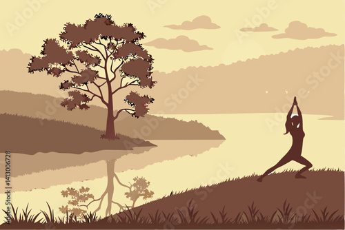 39 Silhouette of person stretching at sunset, lone tree on hill, golden sky, misty lake reflection, peaceful landscape, warm tones, ethereal atmosphere, digital painting style, dreamy scenery, yoga po