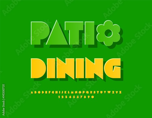 Vector Bright Advertisement Patio Dining. Unique Yellow Sticker Font. Modern Decorative Alphabet Letters and Numbers set.
