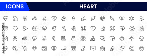 Vector illustration web line icon collection centered on heart symbols, expressing love, health, care, romance, emotion, cardiology, heartbeat, passion, and affection in design.