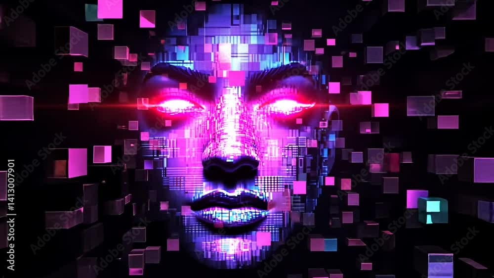 Futuristic Artificial Intelligence Face Composed of Digital Blocks and Glowing Eyes Futuristic Artificial Intelligence Face Composed of Digital Blocks and Glowing Eyes
