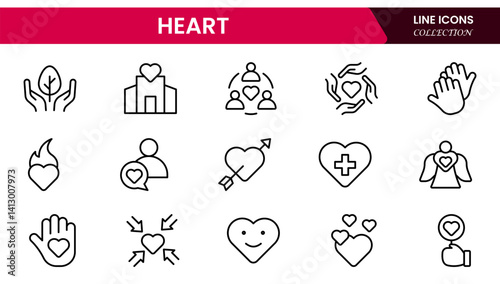 Vector illustration web line icon collection centered on heart symbols, expressing love, health, care, romance, emotion, cardiology, heartbeat, passion, and affection in design.