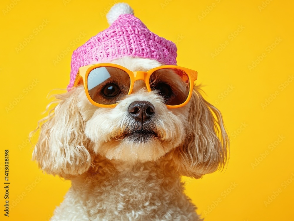 Playful Canine Celebration Portrait, Stylish Pet in Bright Party Accessories Against Vibrant Yellow Backdrop, Whimsical Festive Animal Photography