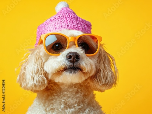 Obraz na płótnie Playful Canine Celebration Portrait, Stylish Pet in Bright Party Accessories Against Vibrant Yellow Backdrop, Whimsical Festive Animal Photography w salonie