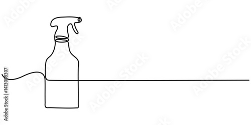 Detergent spray bottle dispenser vector. One line continuous drawing illustration. Hand drawn linear silhouette icon. Cleaning product, chemical household supplies. Minimal design.                    