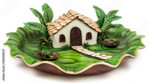 Miniature ceramic house on decorative leaf dish